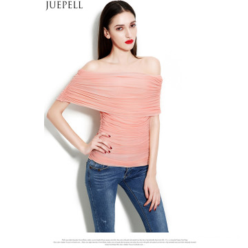 New Spring and Summer Women′s Multicolour One Word Shoulder Sexy Gauze Ruffle Blouse Temperament Slim Bottoming Wild Women Silk Top